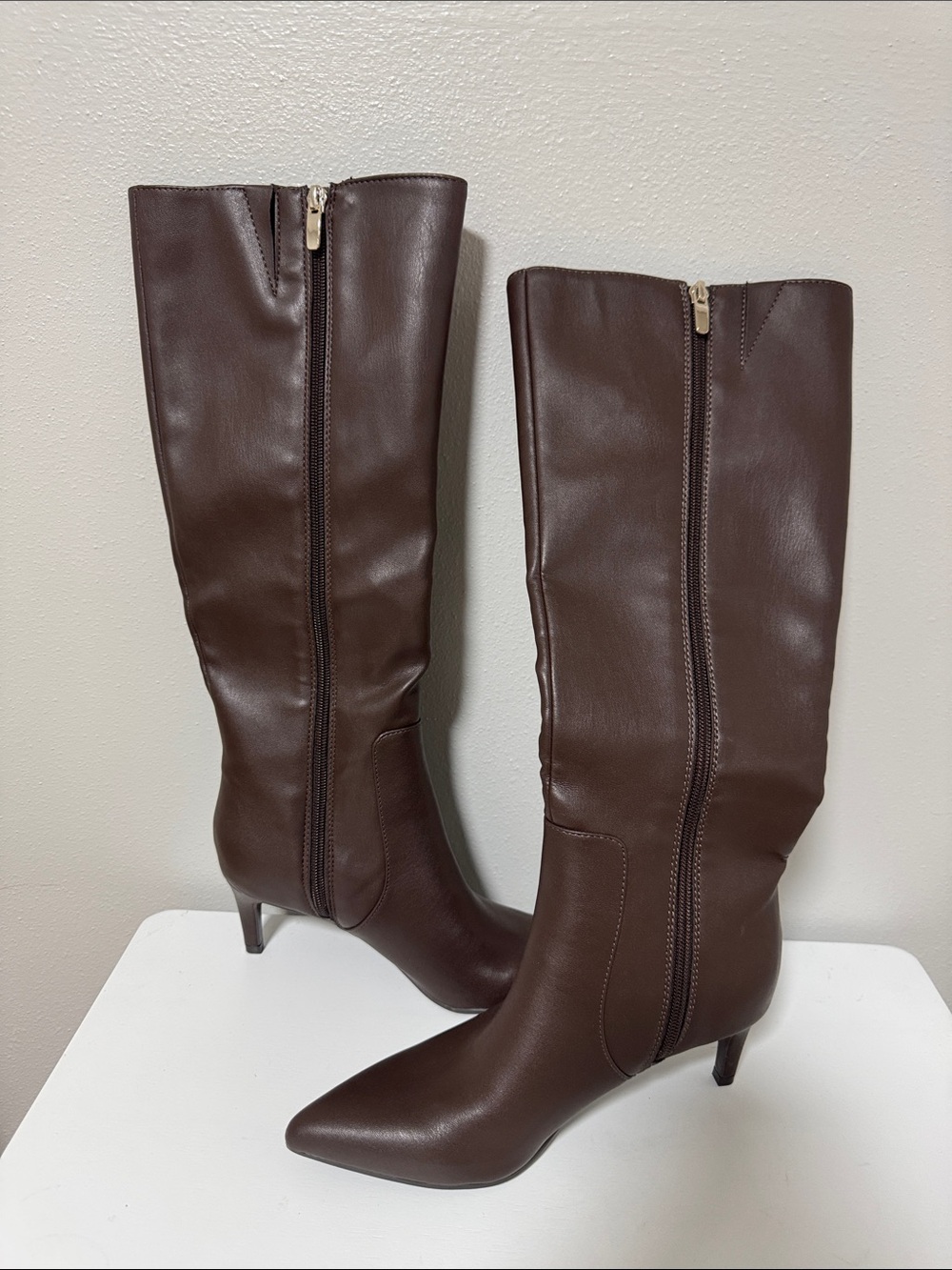 Nine West Dark Brown Mid-Calf Pointed-Toe Kitten Heel Boots